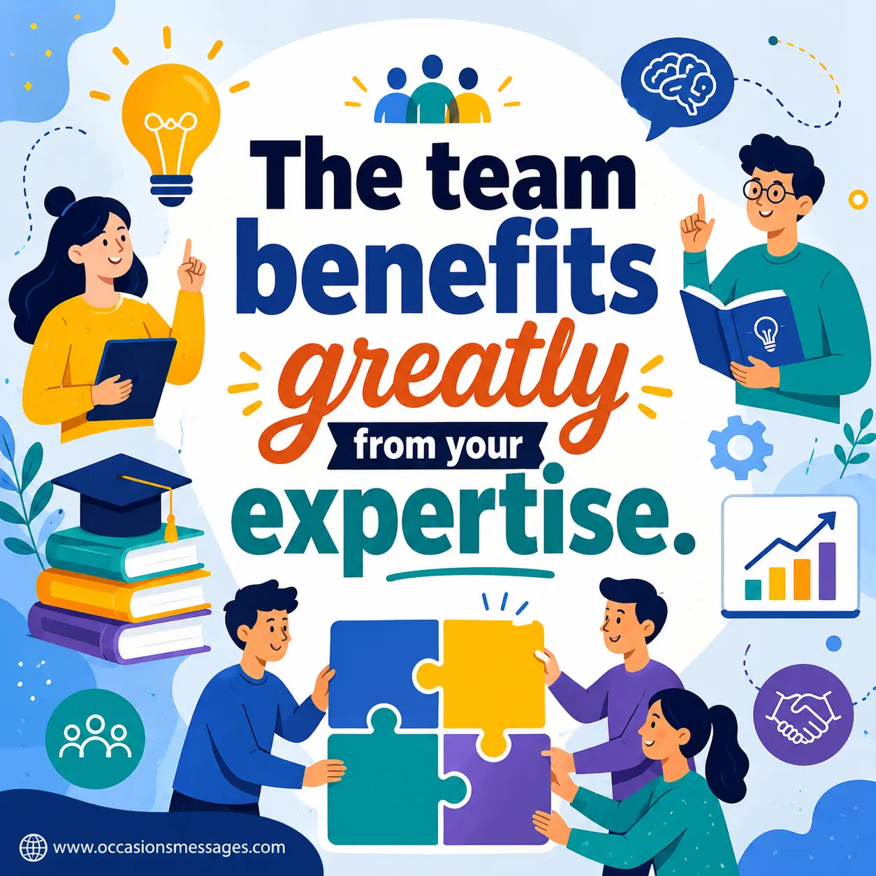 Stylized team collaboration scene with knowledge icons and cooperative workplace visuals emphasizing the value of professional expertise and positive contributions to a team.