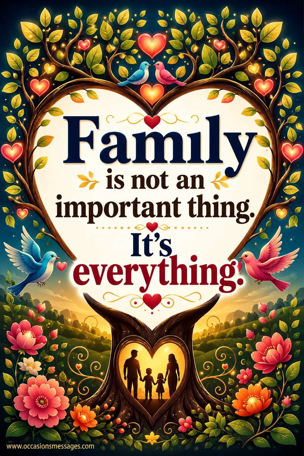 Family-themed inspirational illustration featuring a symbolic family tree, hearts, birds, and floral decorations emphasizing the importance of family bonds and togetherness during difficult times.