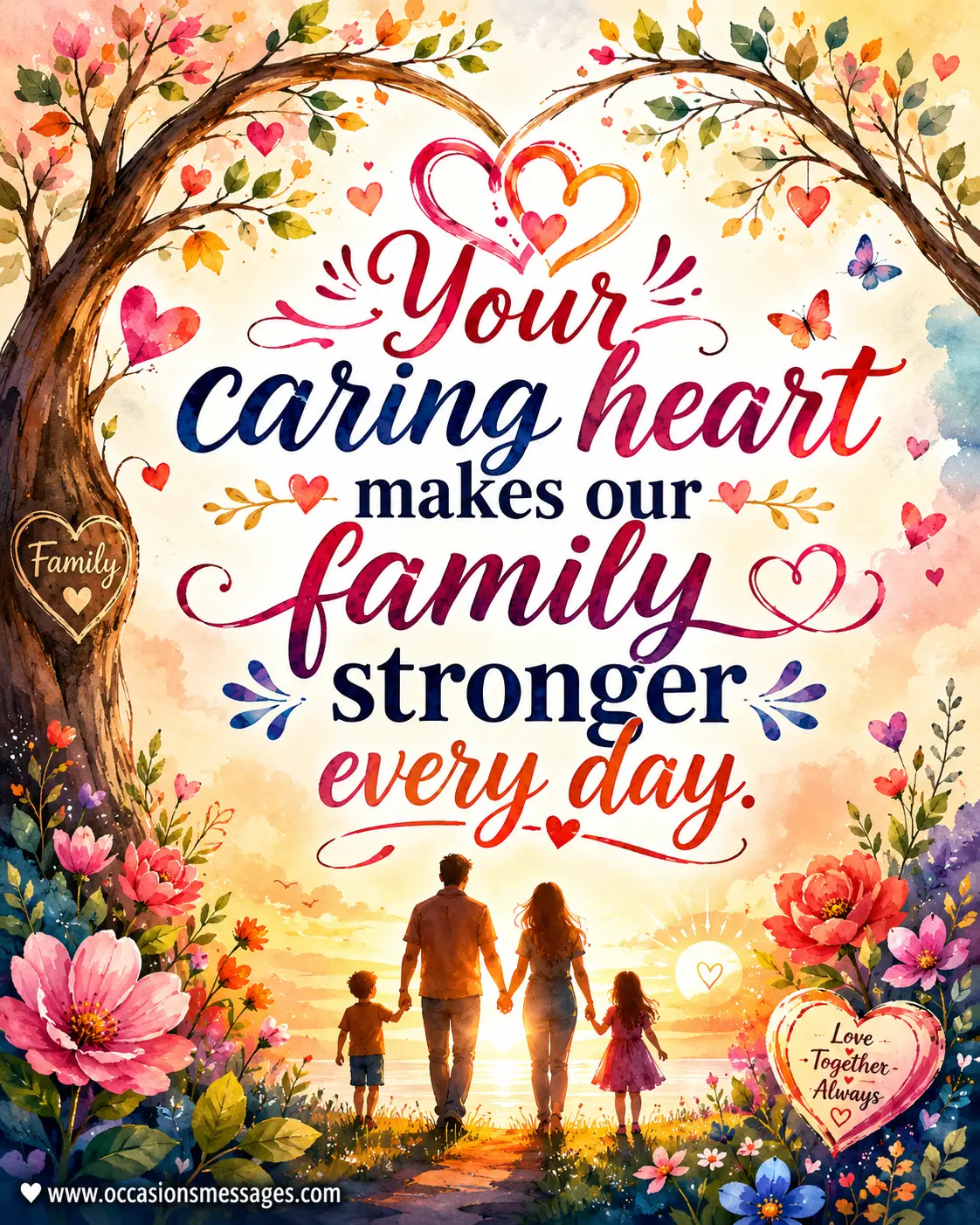 Family-inspired watercolor illustration with hearts and a flourishing tree symbolizing love, care, unity, and the strength an aunt brings to the family.