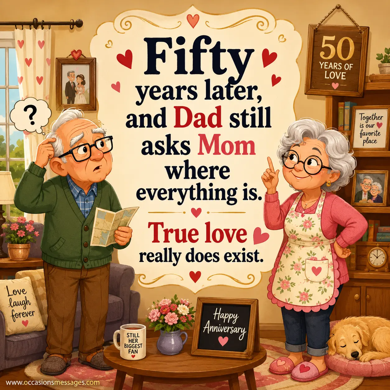 Playful cartoon anniversary artwork featuring a devoted couple whose humor and companionship remain strong after fifty years of marriage.