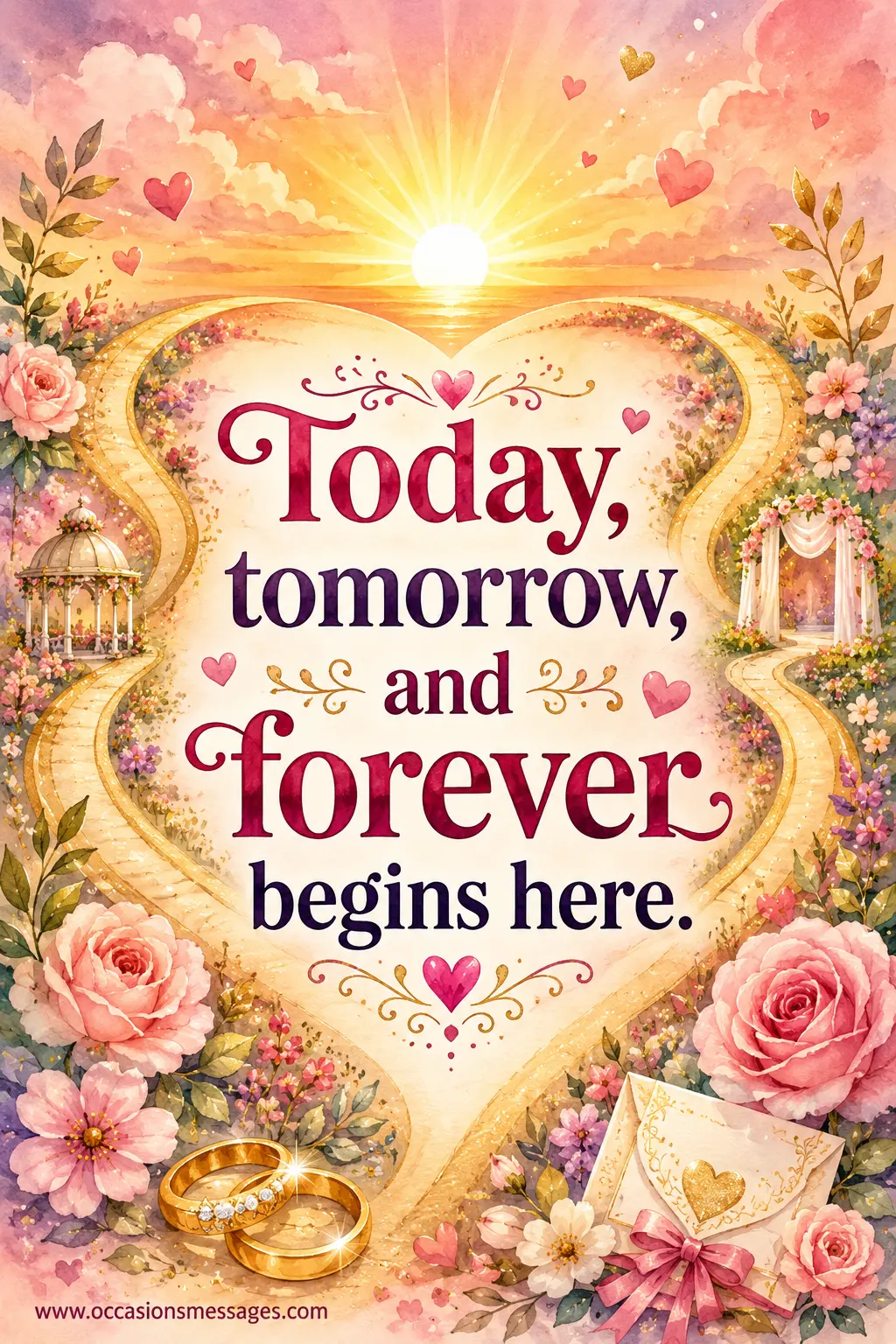 Romantic illustrated wedding quote image featuring heart-shaped pathways, flowers, and a glowing sunrise symbolizing a lifelong journey together and the beginning of forever.