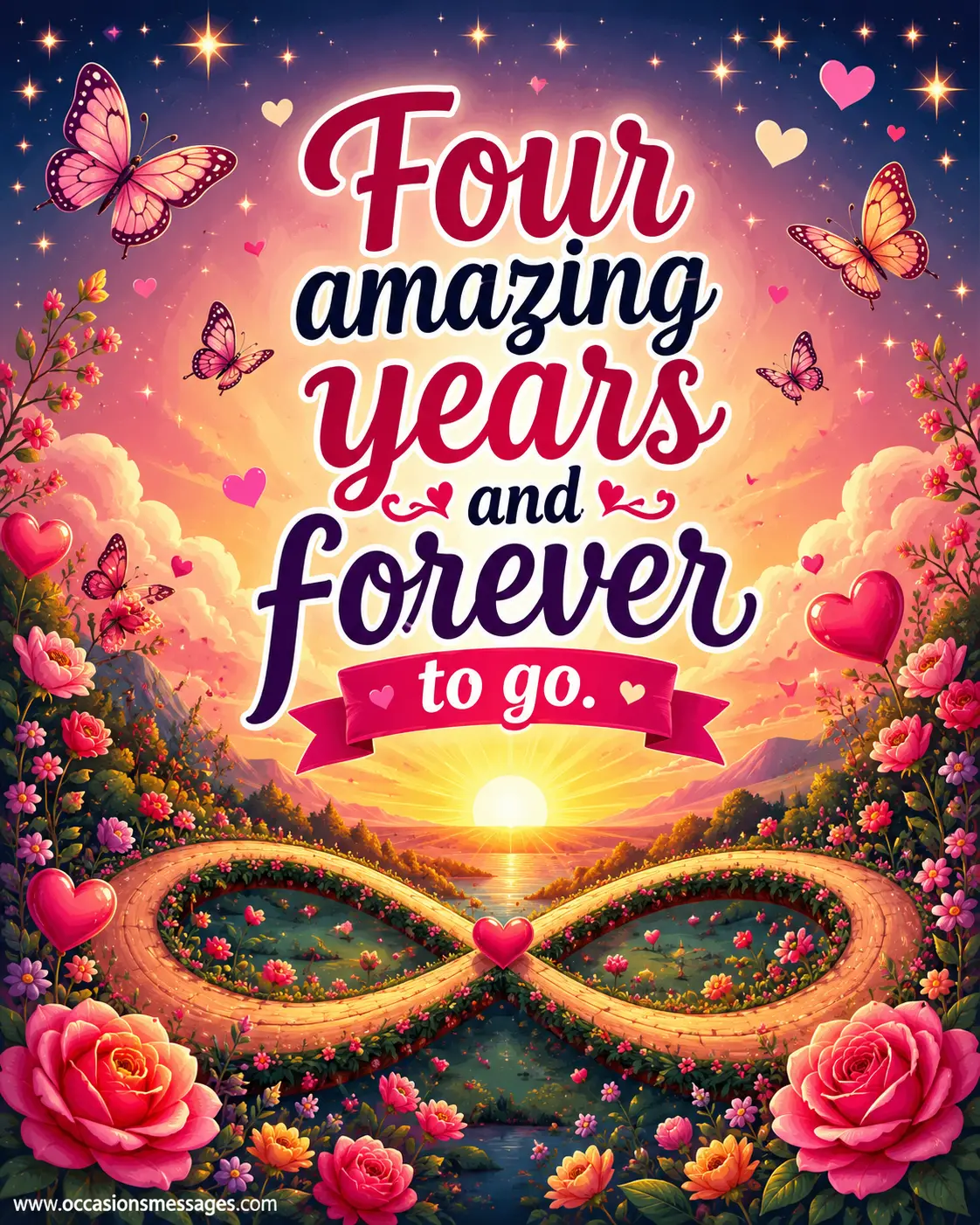 Colorful vector-style illustration of an infinity path surrounded by romantic elements, symbolizing everlasting love and four beautiful years together.