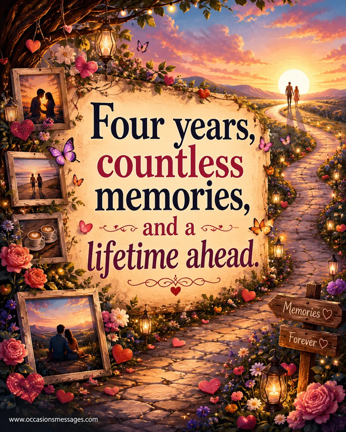 Dreamy digital painting of a memory path filled with flowers, lanterns, and butterflies showing four years of memories and a future lifetime together.