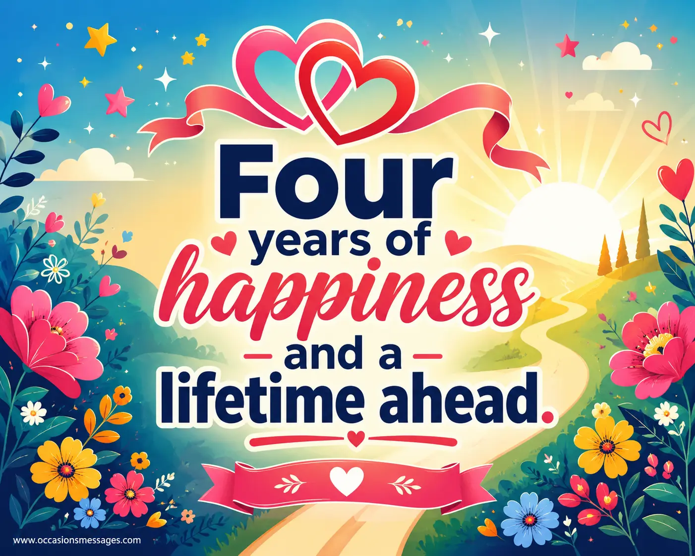 Modern flat-style romantic illustration with glowing hearts and floral elements celebrating four years of happiness and a hopeful future ahead.