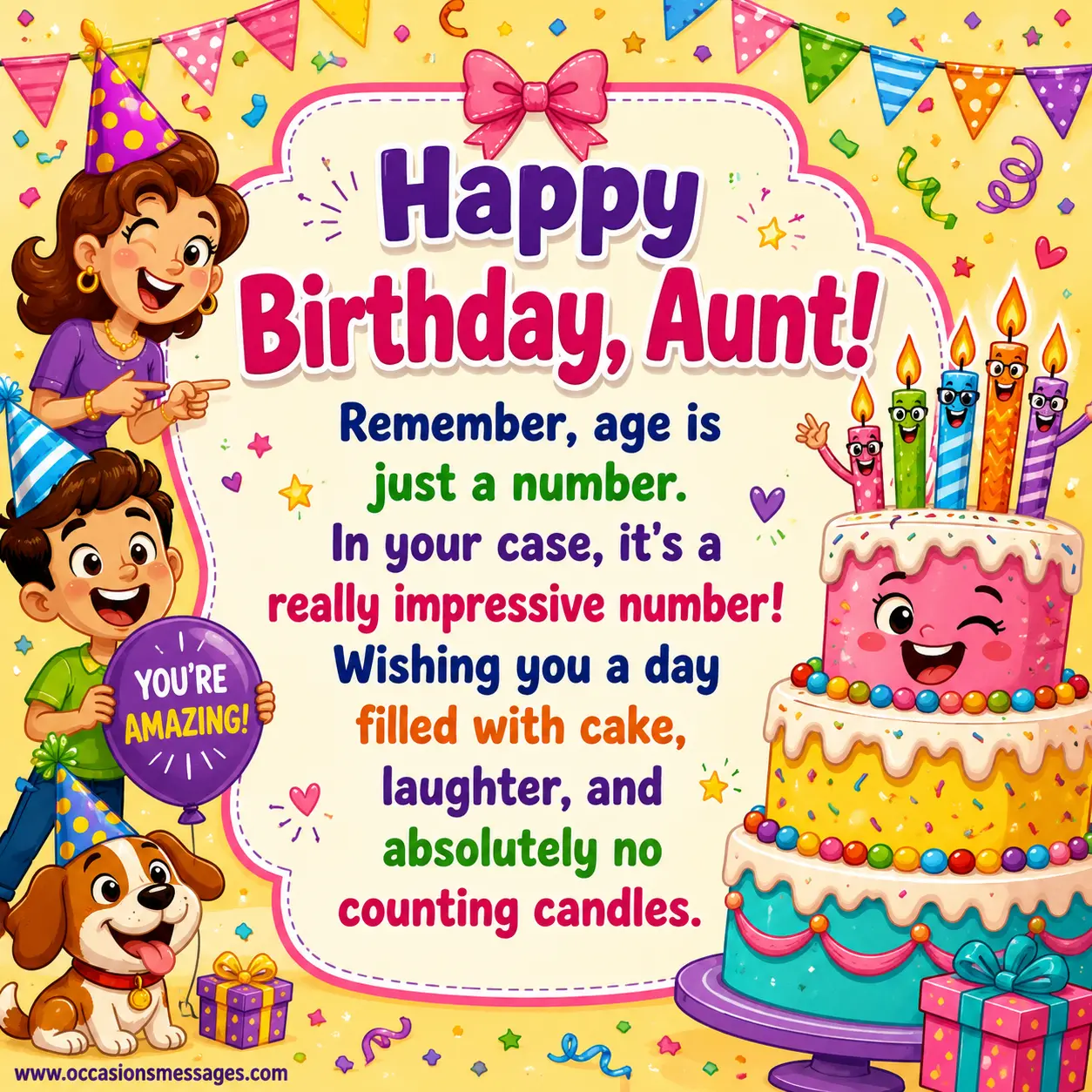 Funny cartoon birthday party scene with cake, candles, streamers, and a humorous aunt birthday message celebrating aging with laughter and joy.