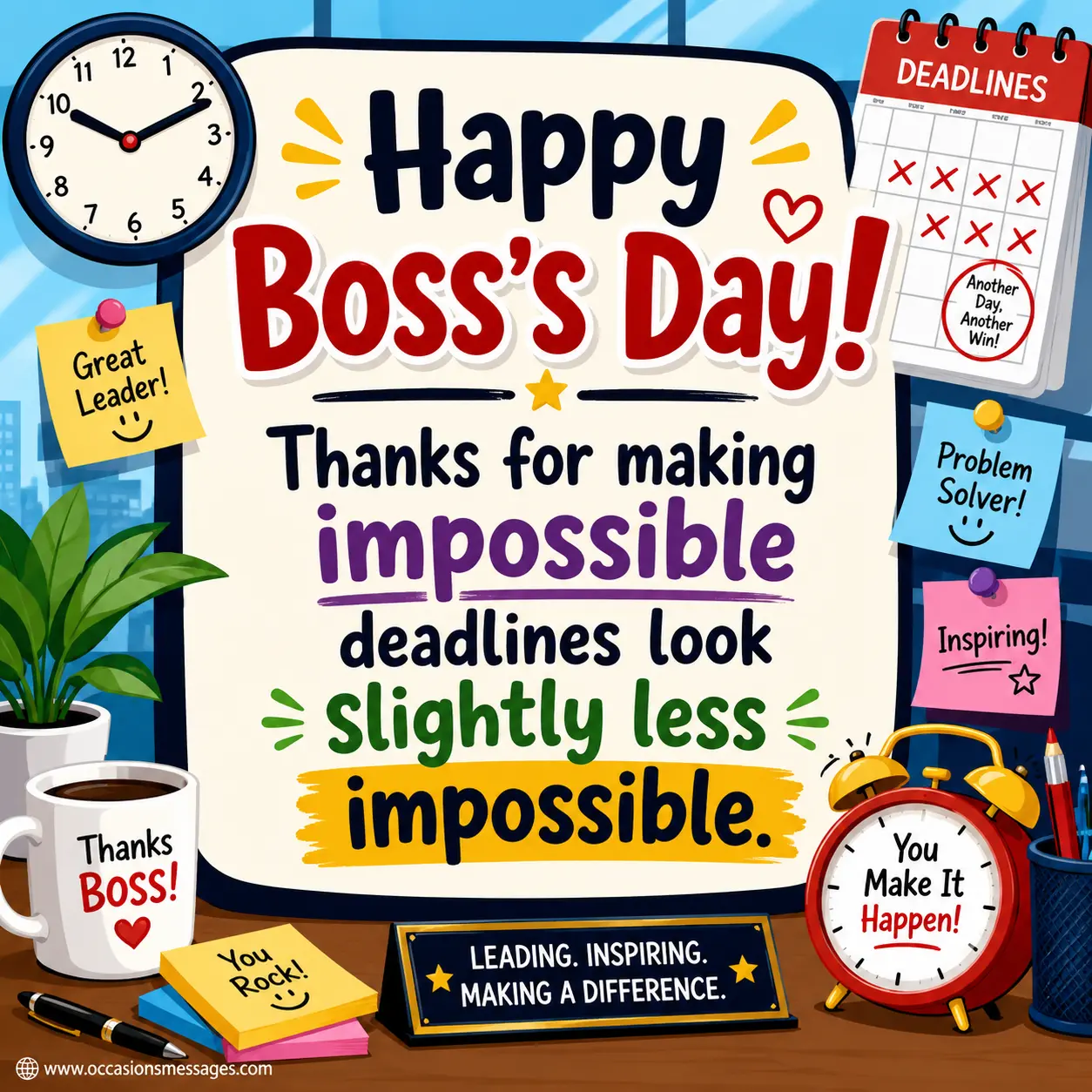 Cartoon office illustration with clocks and deadlines, featuring a funny Boss's Day quote about making impossible deadlines seem manageable and workplace appreciation.