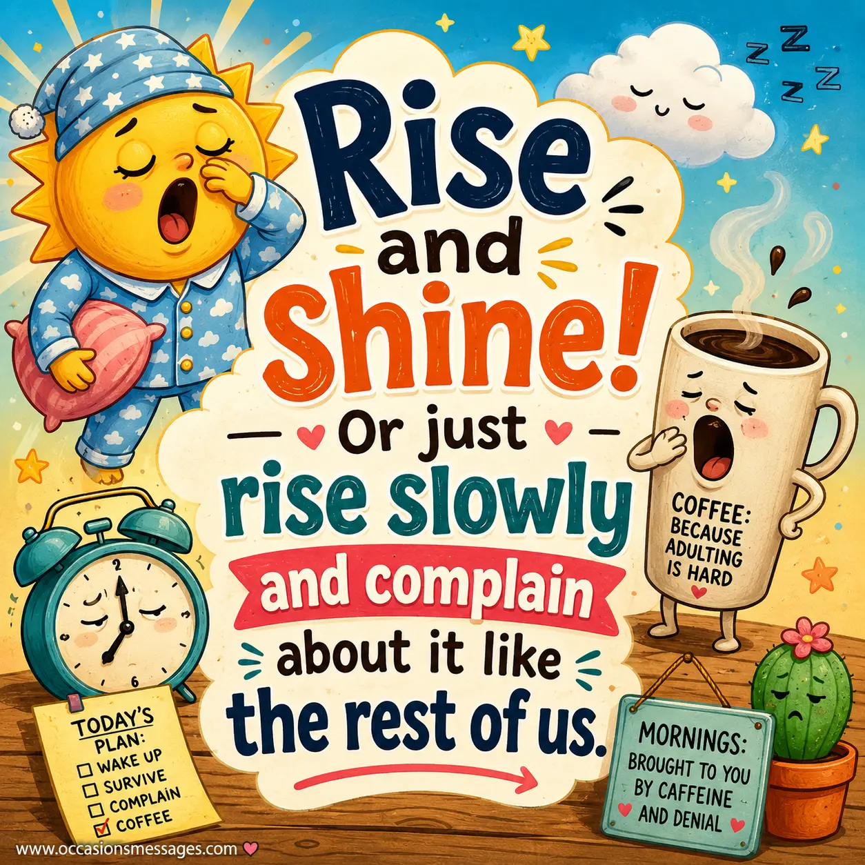 Funny cartoon morning scene with a sleepy sun and coffee character highlighting a humorous good morning quote about waking up slowly.