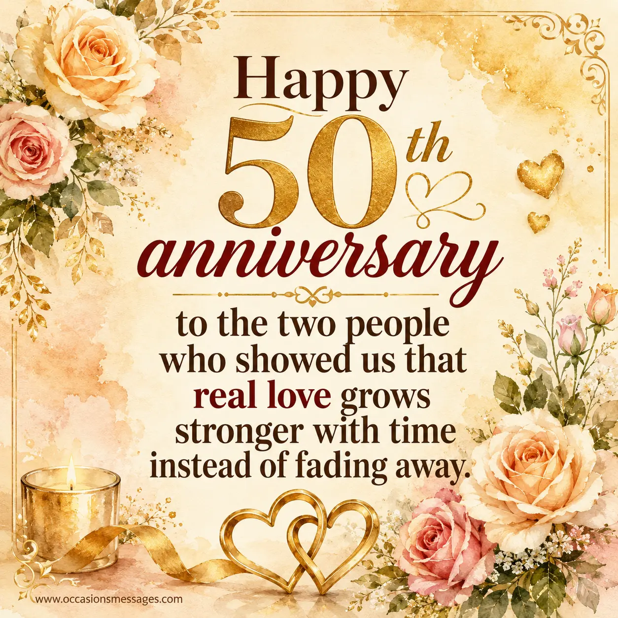 Golden anniversary watercolor illustration celebrating parents' enduring love and showing how real love grows stronger through the years.