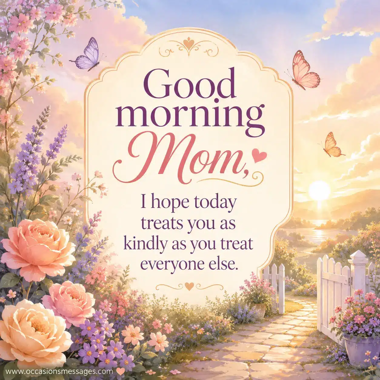 Good morning message for mom featuring sunrise light, blooming flowers, and wishes for kindness and happiness.