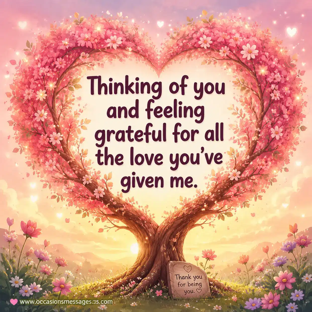 A whimsical heart-shaped tree glowing in soft pastels, symbolizing gratitude and love, featuring the quote about being thankful for someone's love.