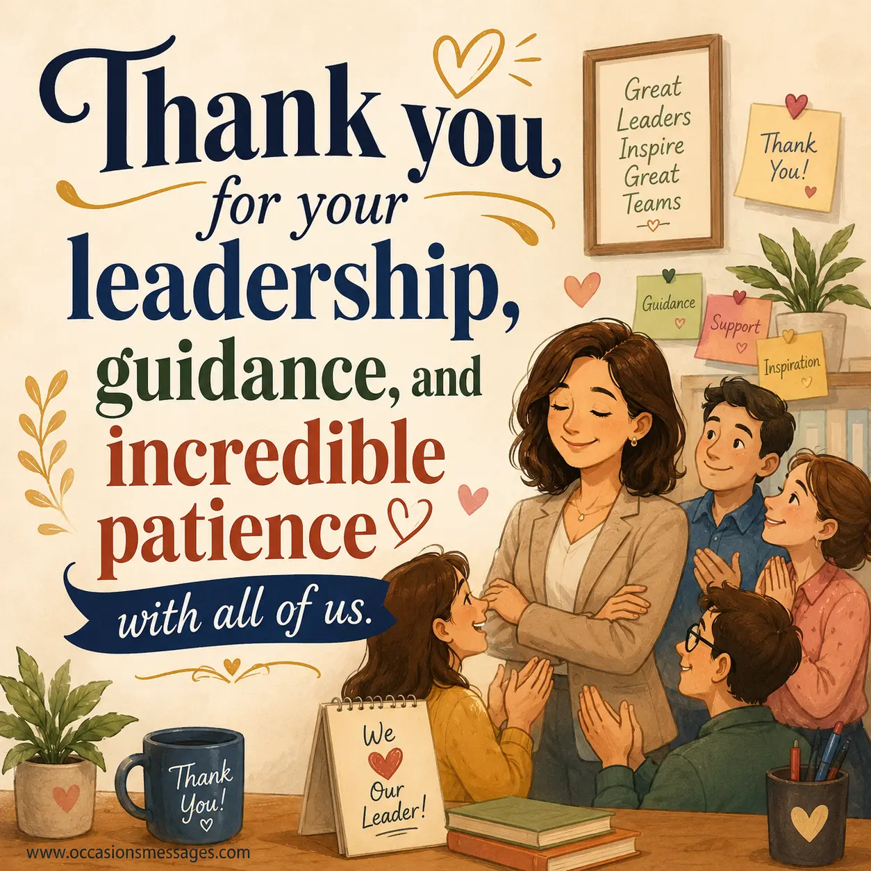 Warm illustrated team appreciation scene showcasing gratitude for leadership, guidance, and patience in a positive office environment.