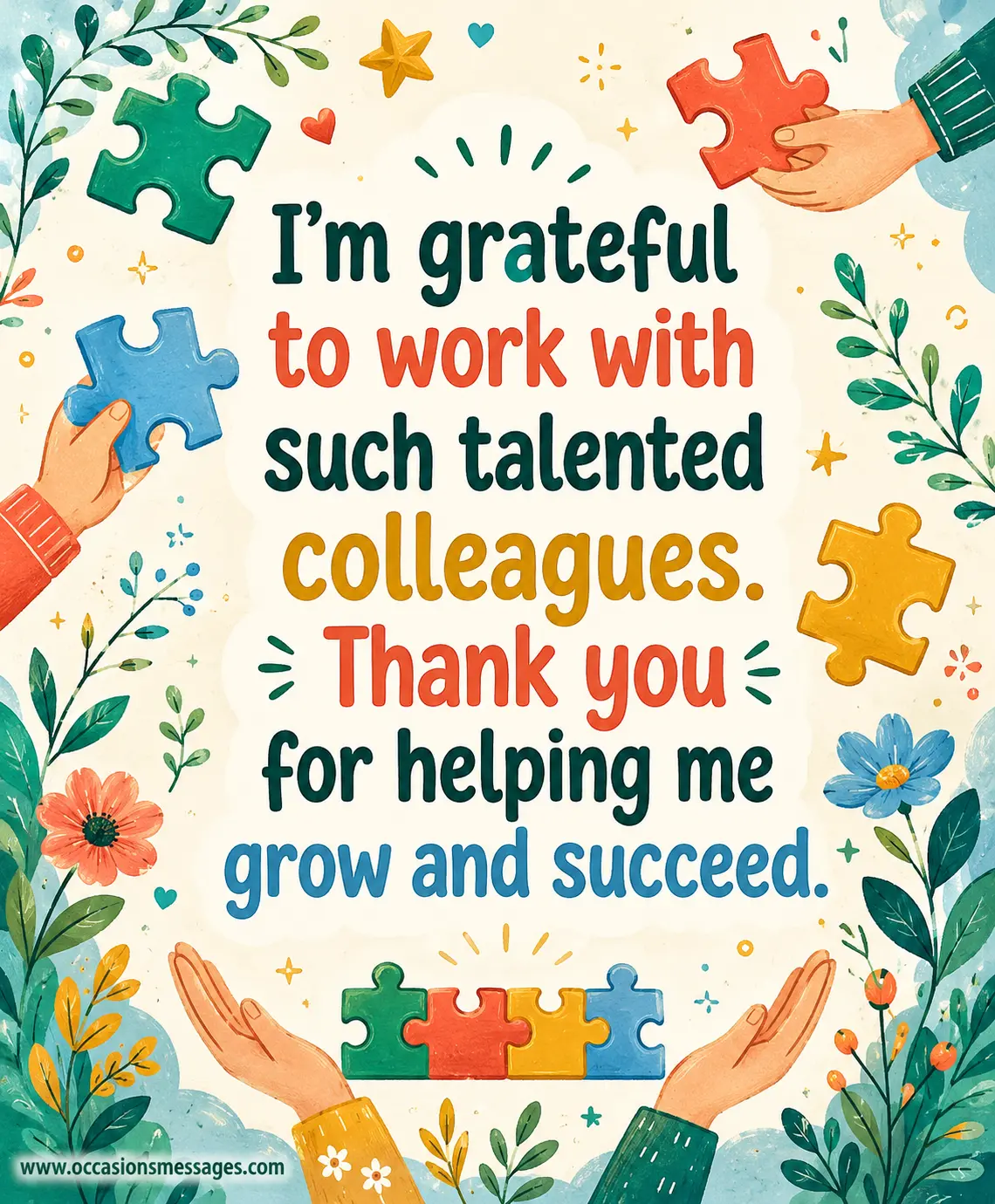 Whimsical illustrated teamwork scene with puzzle pieces and growing plants representing supportive colleagues and appreciation for shared success and career growth.