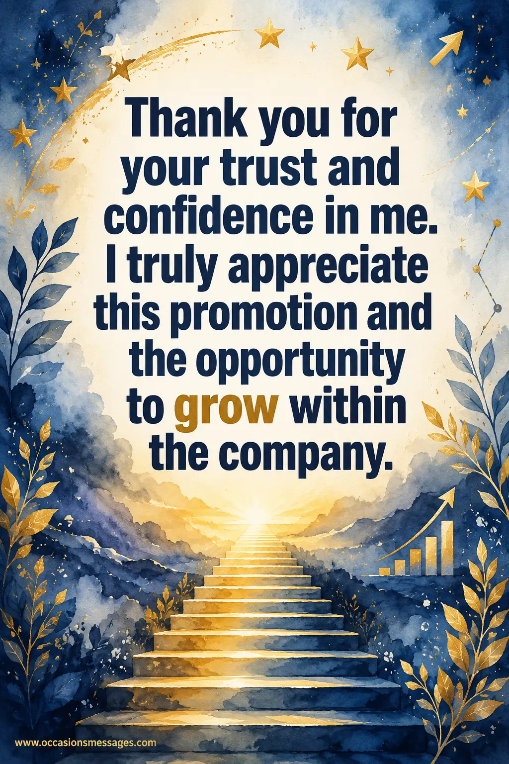 Stylized watercolor illustration of a glowing staircase symbolizing career growth with an inspirational thank you quote expressing appreciation for trust, confidence, and a promotion.