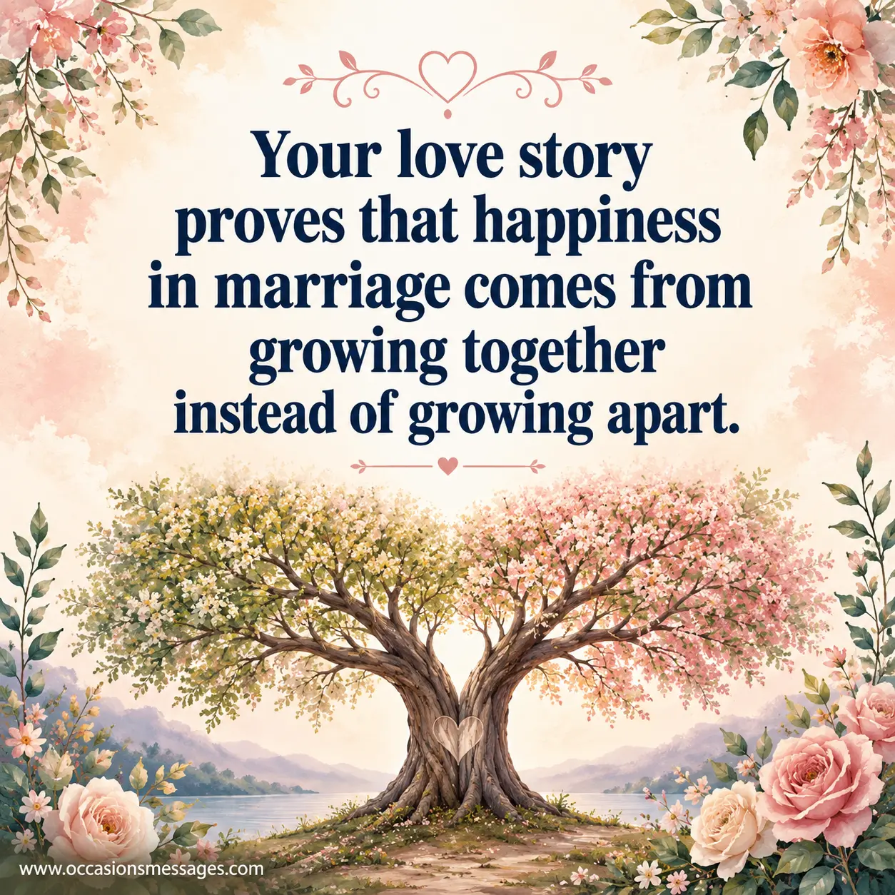 Inspirational digital painting of two flourishing trees symbolizing a lifelong marriage built on growing together and sharing happiness.
