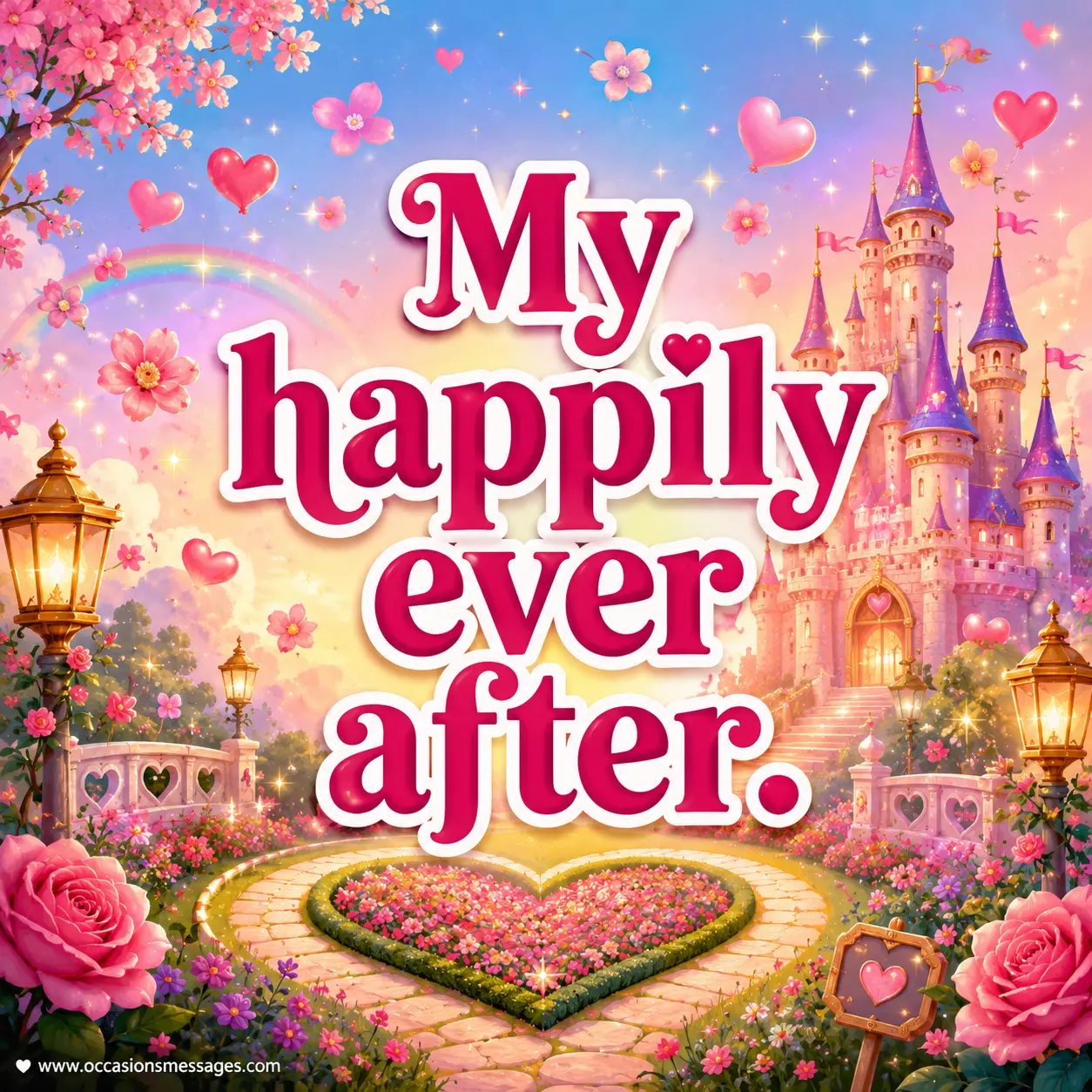 Fairy-tale inspired love illustration with a magical castle and dreamy garden path representing a happily ever after wedding moment filled with romance and joy.