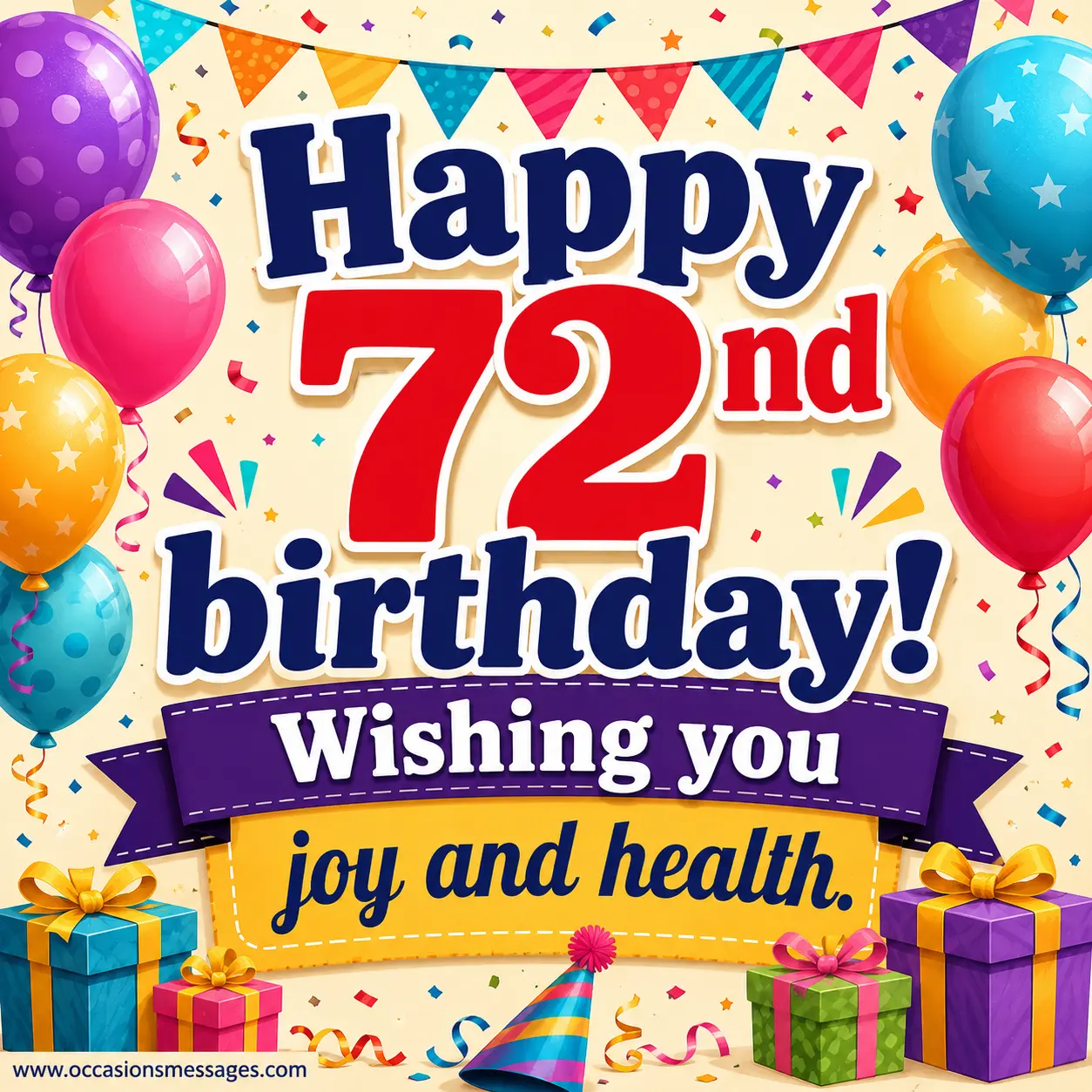 Colorful vector birthday celebration with balloons, gifts, and confetti highlighting a cheerful birthday message wishing joy and good health.