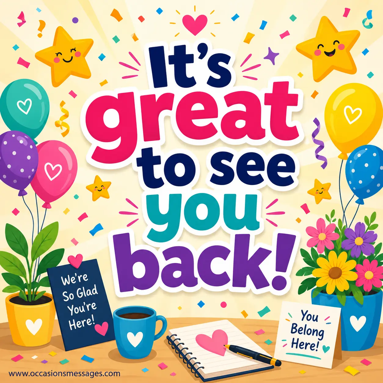 Cheerful colorful welcome back illustration with confetti and uplifting decorative elements expressing happiness about someone's return to the workplace.