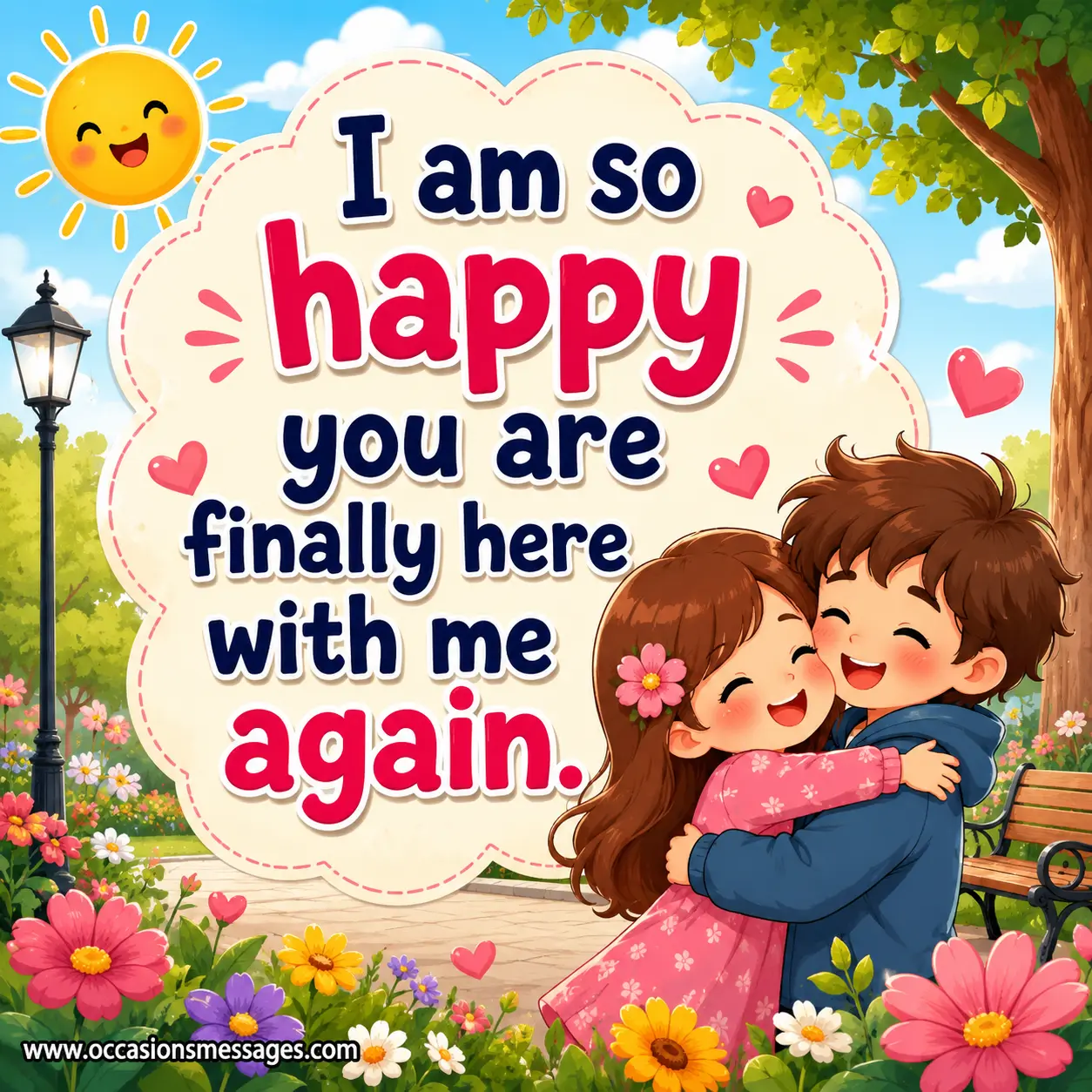 Cheerful cartoon reunion artwork with a heartfelt message expressing happiness about being together again after time apart.