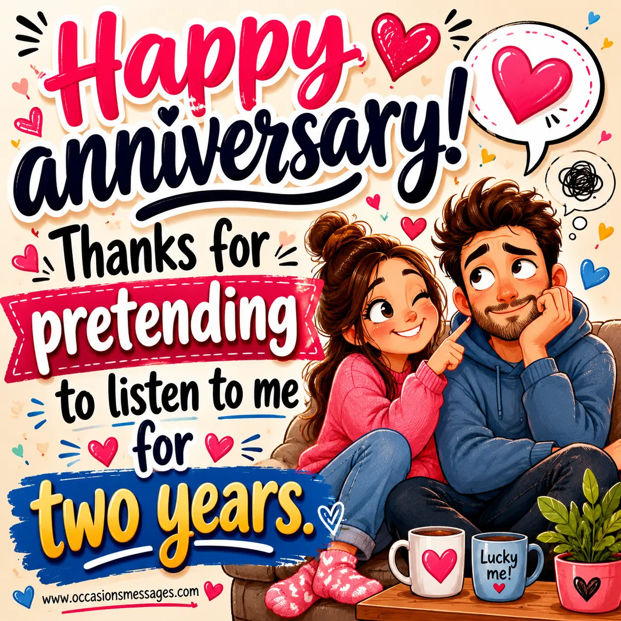 Fun cartoon-style wedding anniversary quote image expressing humor, affection, and playful appreciation between husband and wife after two years together.