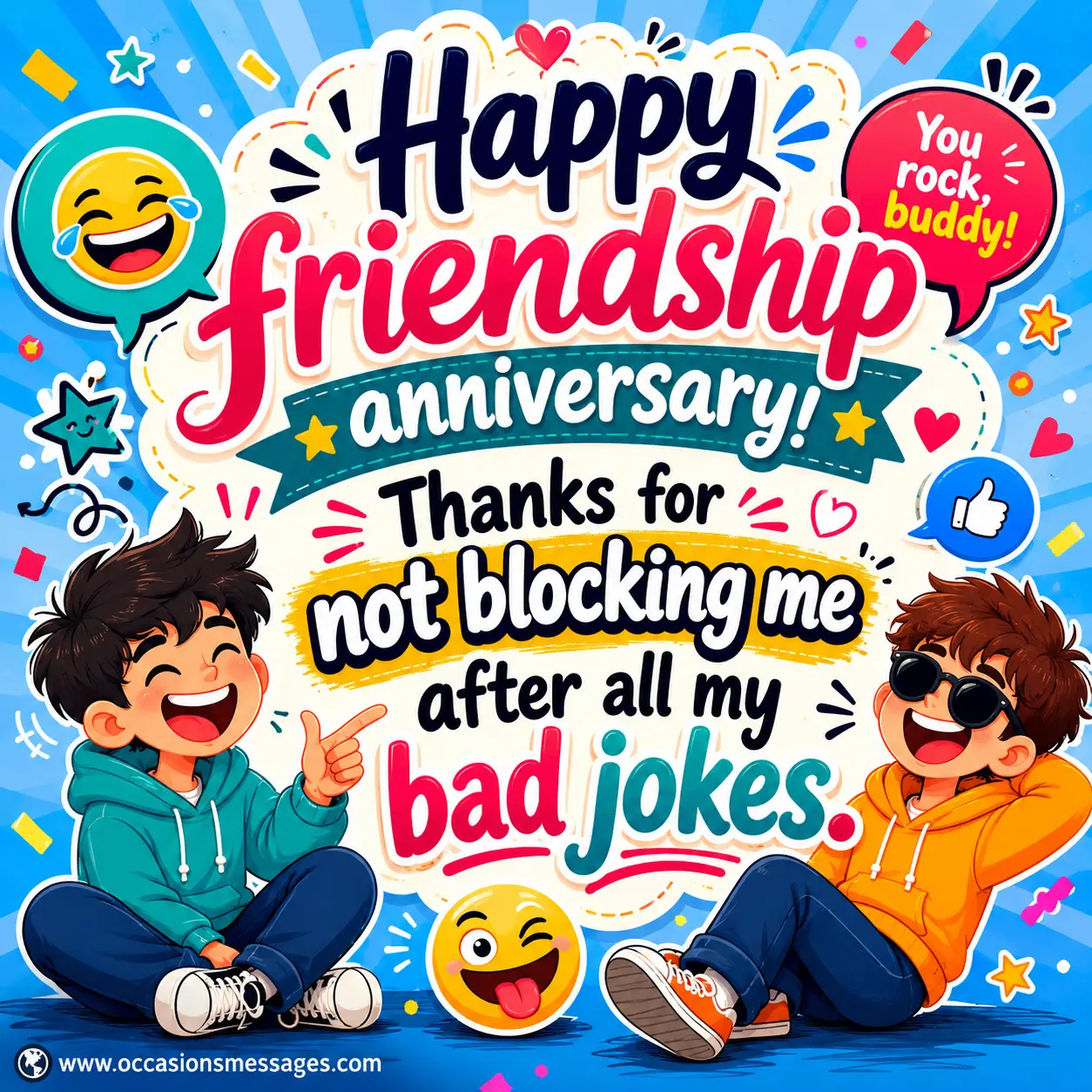 Colorful cartoon friendship anniversary illustration with cheerful laughter and playful elements celebrating years of friendship and shared humor.