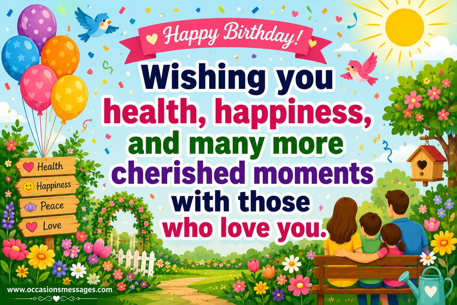 Colorful flat vector birthday scene with sunshine, flowers, balloons, and joyful decorations highlighting wishes for health, happiness, and cherished family moments on a 79th birthday.