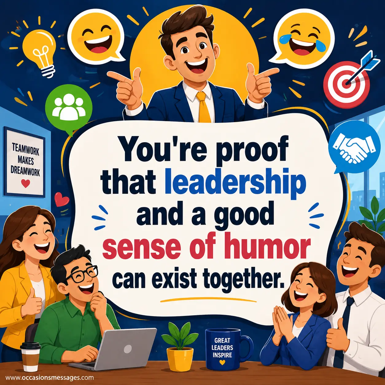 Colorful leadership-themed cartoon graphic emphasizing how great leadership and a sense of humor can successfully work together.
