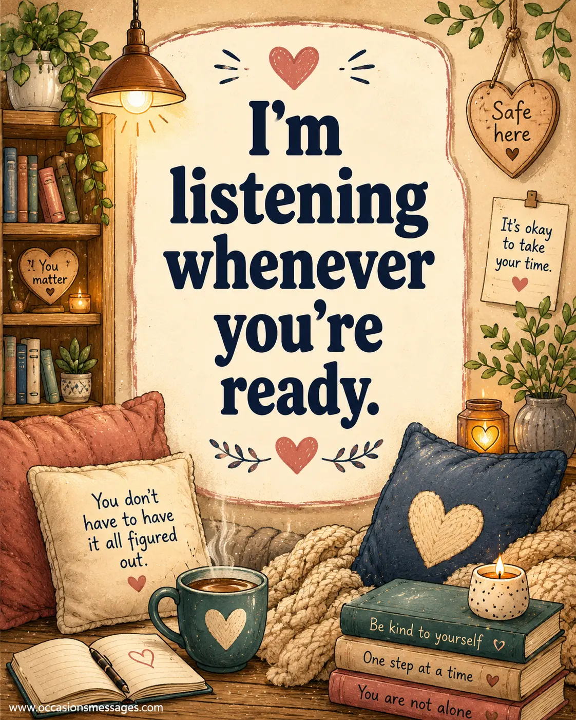 Cozy hand-drawn illustration highlighting active listening and emotional availability with a reassuring quote for someone needing support.