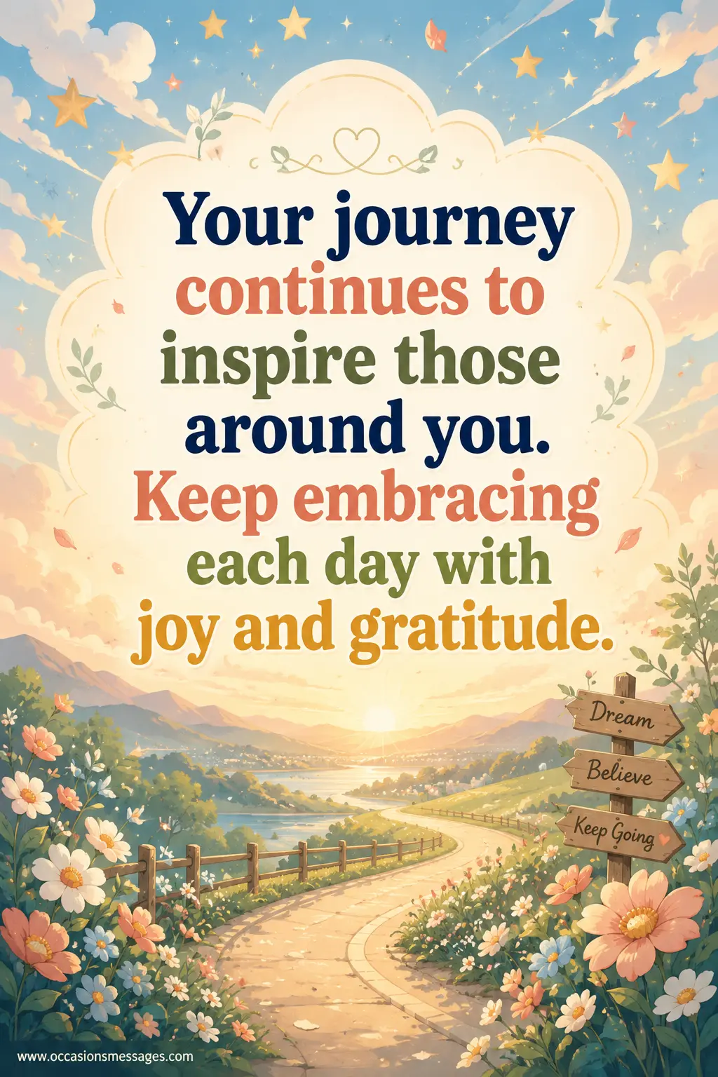 Inspirational life journey birthday quote illustration with a winding path, glowing horizon, and themes of joy, gratitude, and encouragement.