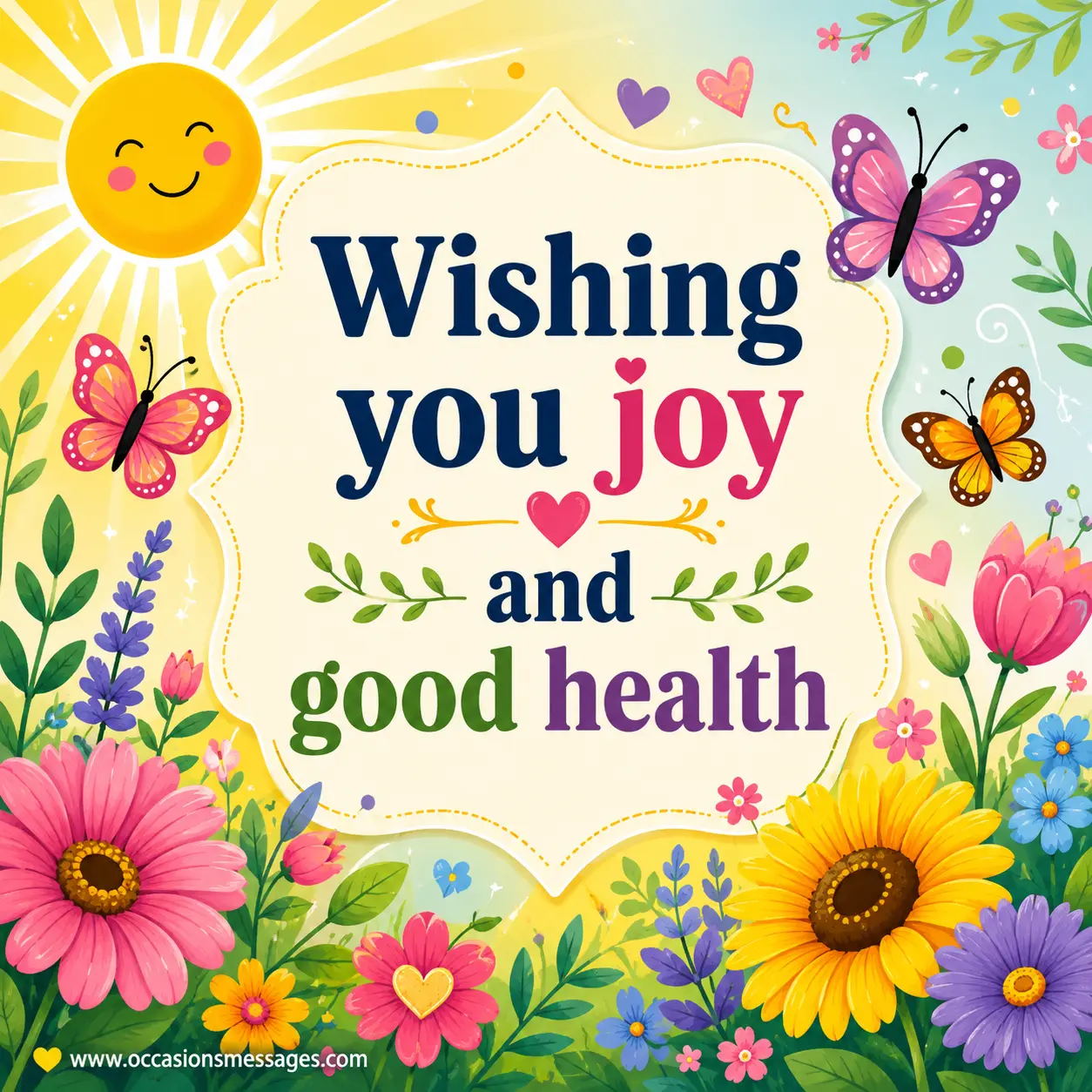 Bright wellness-themed birthday illustration with flowers, butterflies, and sunshine conveying joy, positivity, and good health wishes.