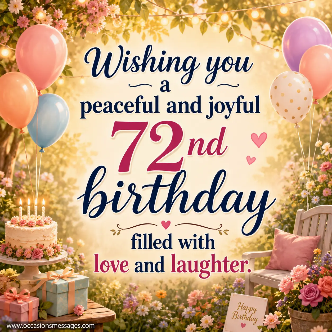 Stylized birthday garden illustration with flowers, balloons, and warm sunlight featuring a heartfelt birthday quote about peace, joy, love, and laughter.