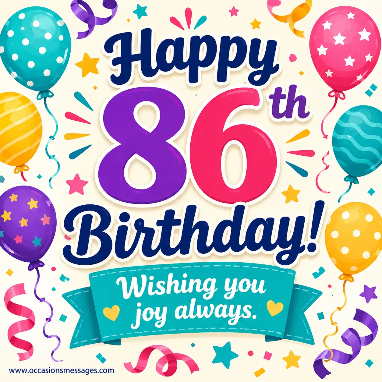 Bright birthday illustration with balloons, stars, and joyful decorations celebrating an 86th birthday filled with happiness.