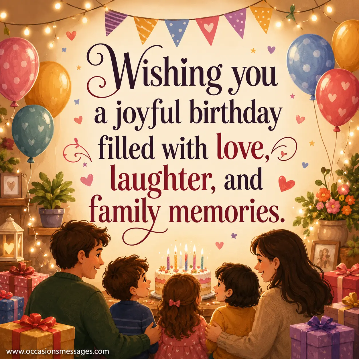 Heartwarming birthday celebration artwork with festive decorations and family-themed imagery emphasizing love, laughter, and cherished memories.