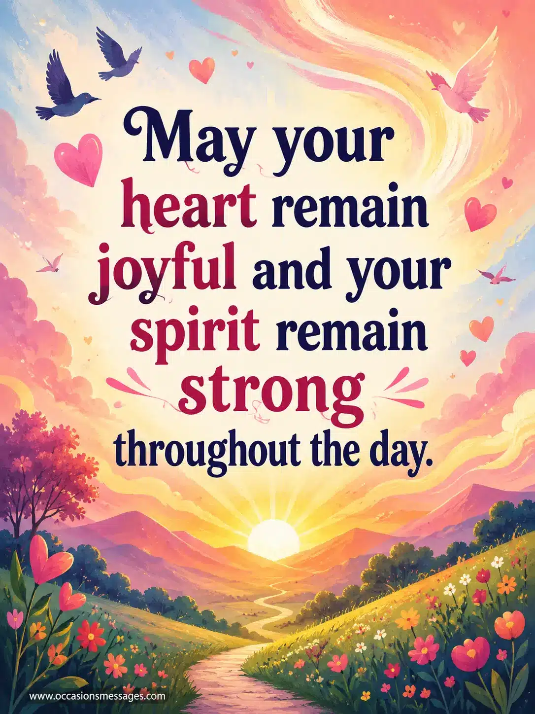 Pastel artistic landscape representing joy, encouragement, and spiritual strength with an uplifting good morning prayer message.