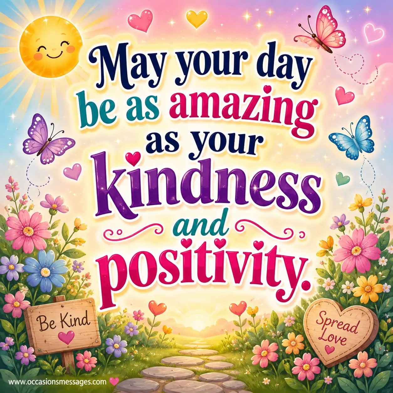 Pastel floral illustration with hearts, butterflies, and sunshine reflecting kindness, positivity, encouragement, and a wonderful day ahead.