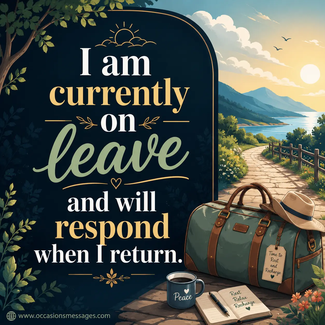 Stylized illustrated leave notification image featuring a peaceful travel-themed scene and a quote about being currently on leave and responding upon return.