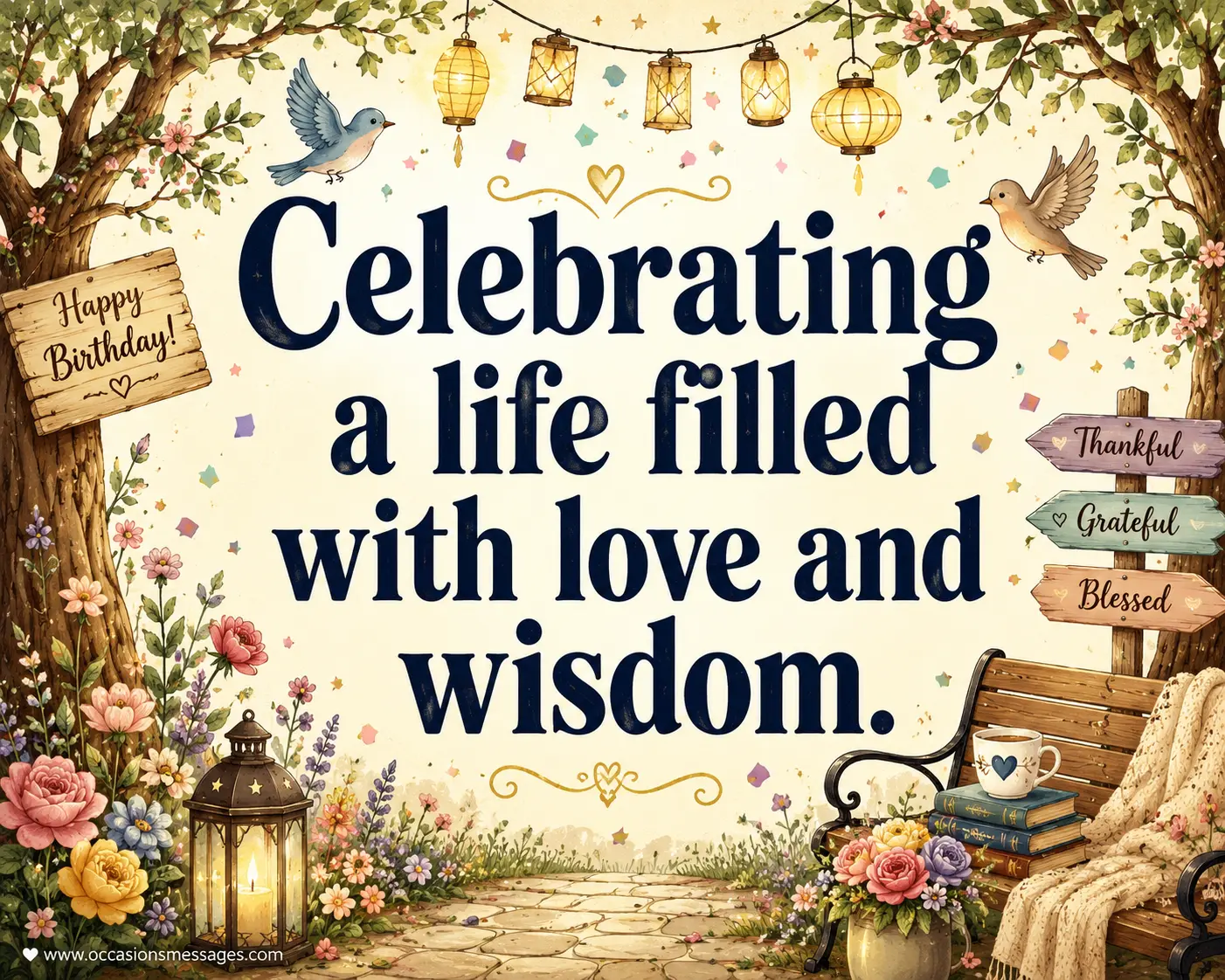 Hand-drawn birthday illustration with trees, lanterns, flowers, and peaceful decorative elements showcasing a heartfelt quote celebrating a life filled with love and wisdom.