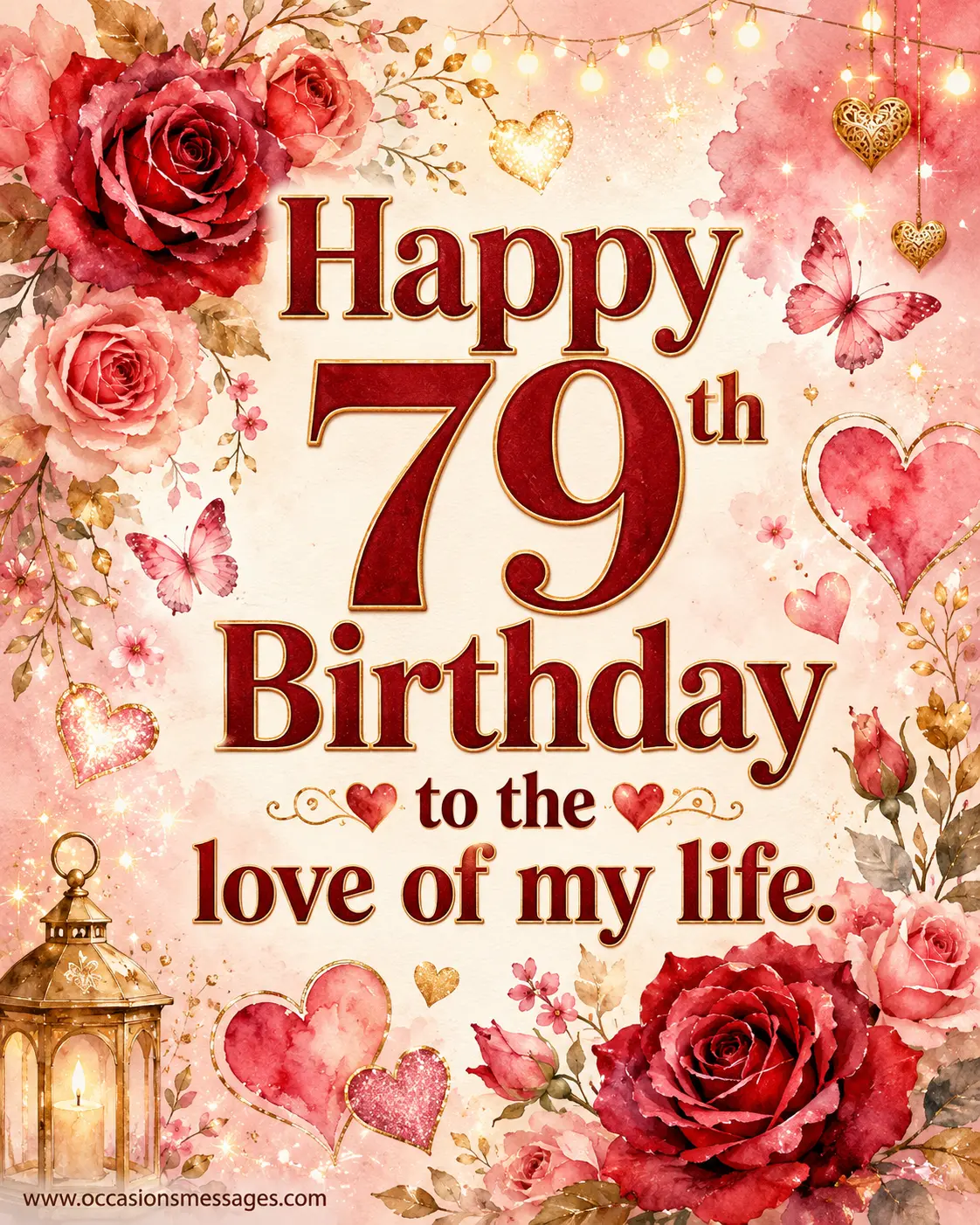 Romantic watercolor birthday artwork with roses, glowing hearts, and elegant floral decorations featuring a loving Happy 79th Birthday message for the love of a lifetime.