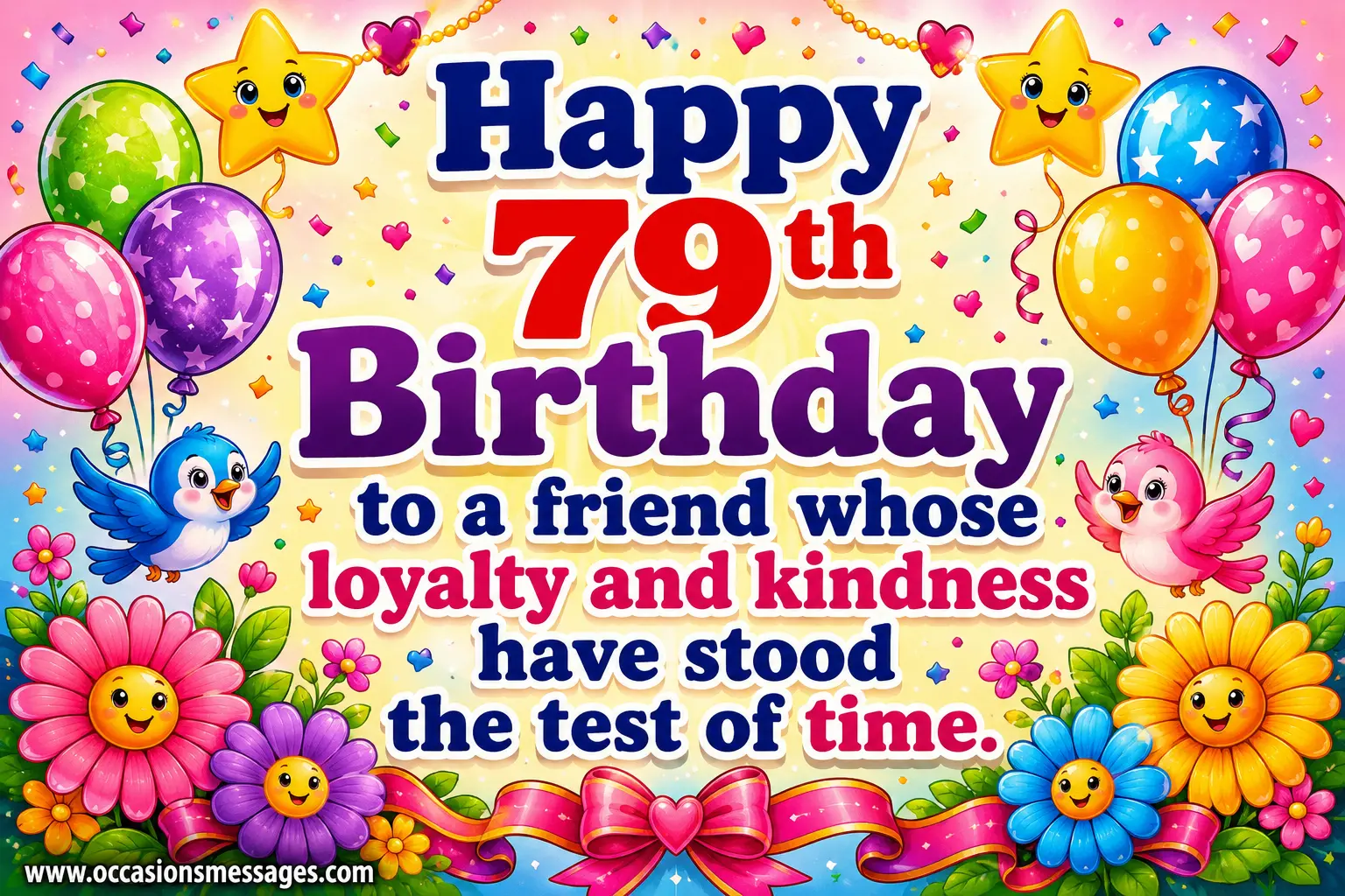 Cheerful cartoon birthday illustration celebrating lifelong friendship with festive decorations and a meaningful quote about loyalty and kindness on a 79th birthday.