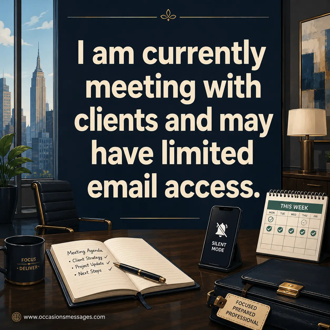 Professional illustrated client meeting scene with briefcase, notebook, phone, and conference setting, showing an out-of-office message about meeting clients and having limited email access while traveling for work.