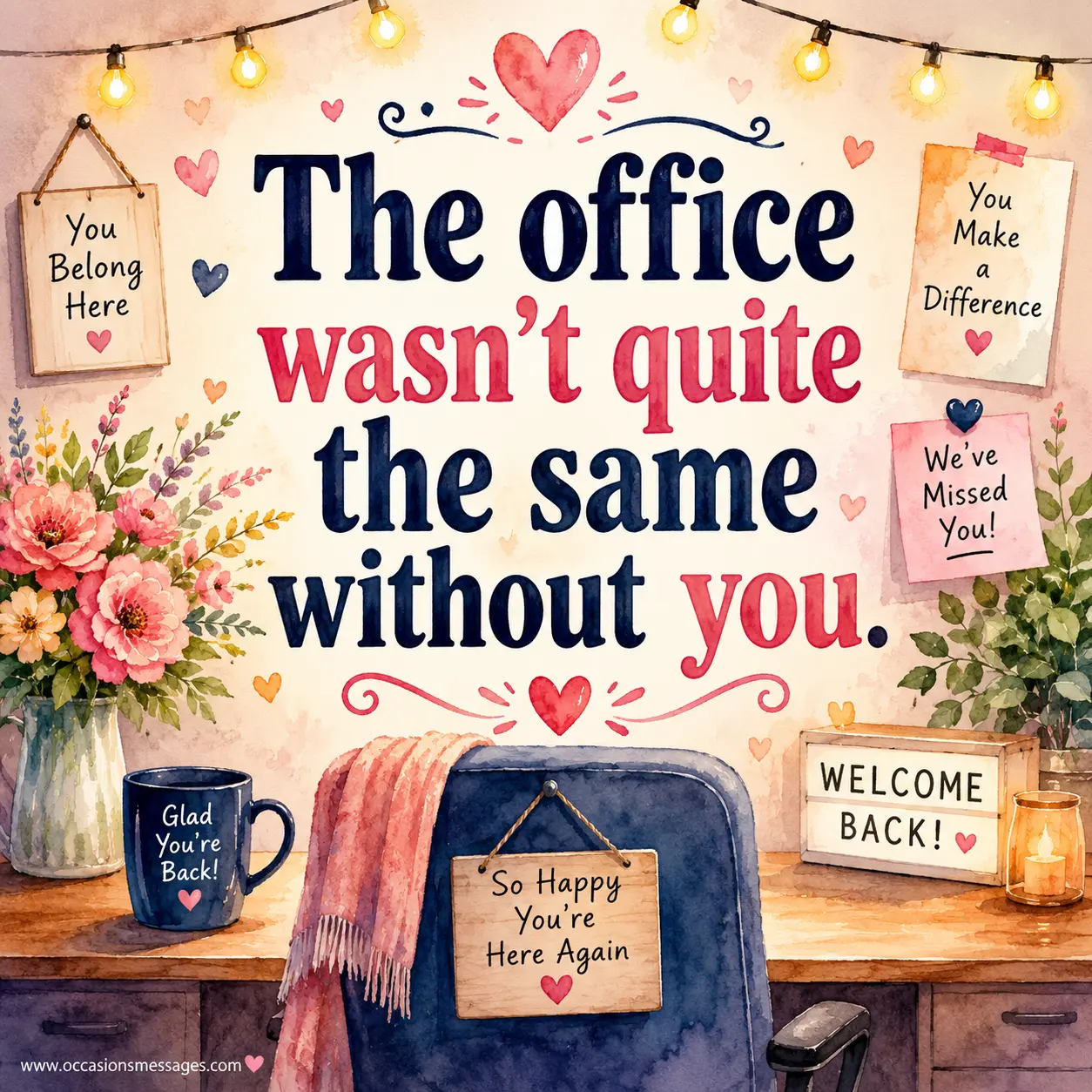 Emotional watercolor office illustration highlighting appreciation and workplace connection with a heartfelt quote about missing a valued coworker.