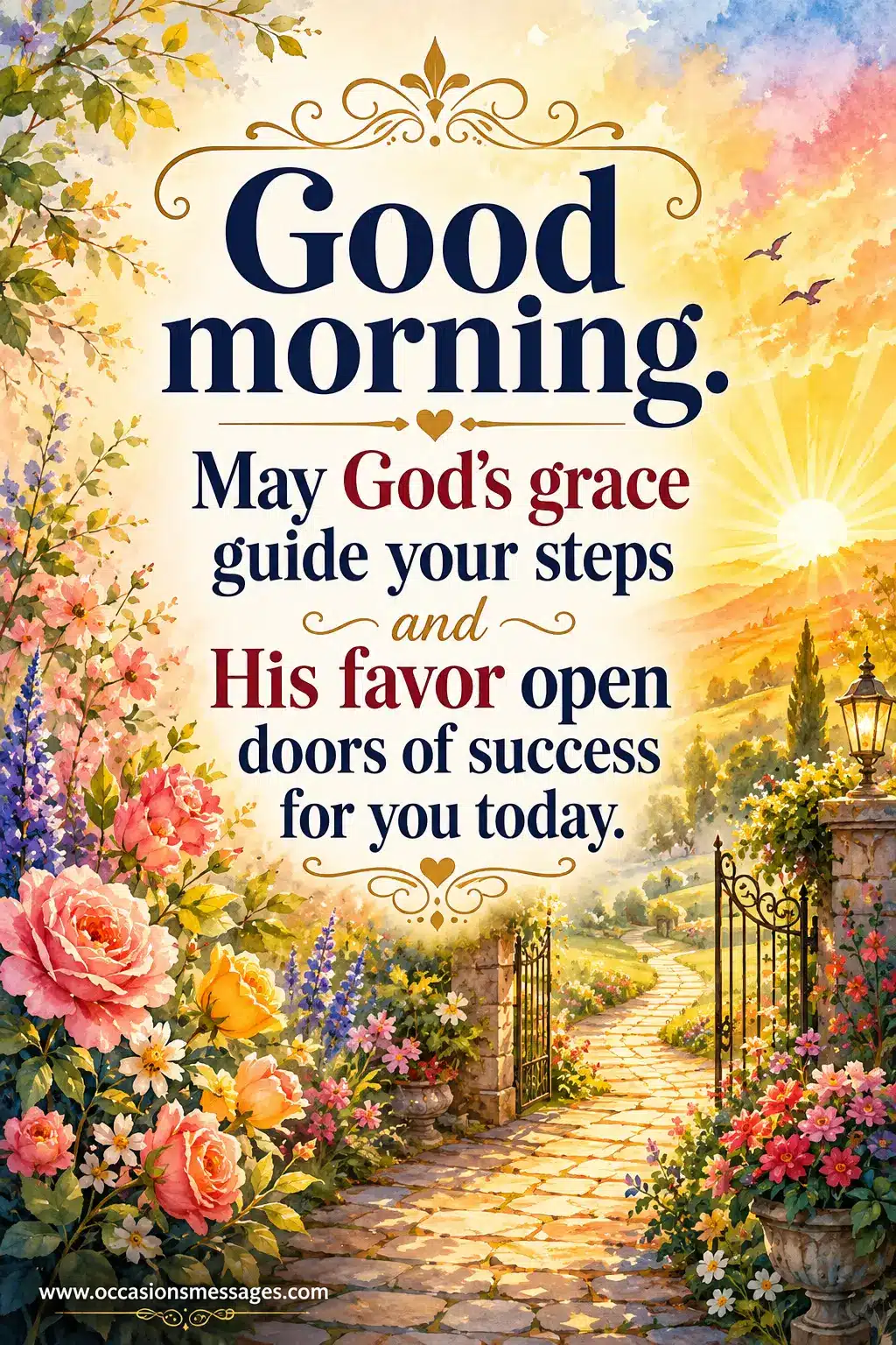Inspirational watercolor sunrise illustration featuring a morning prayer quote about God's grace, guidance, favor, and daily success.