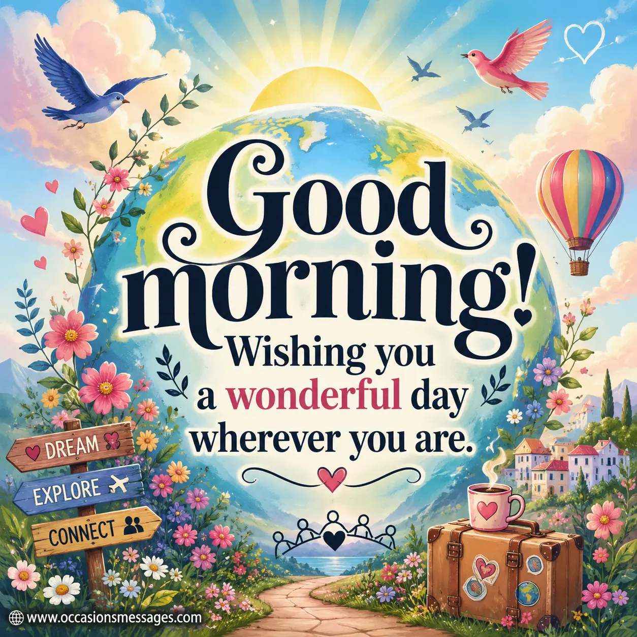 Dreamy illustrated world surrounded by sunshine and clouds symbolizing sending warm good morning wishes to friends wherever they are.