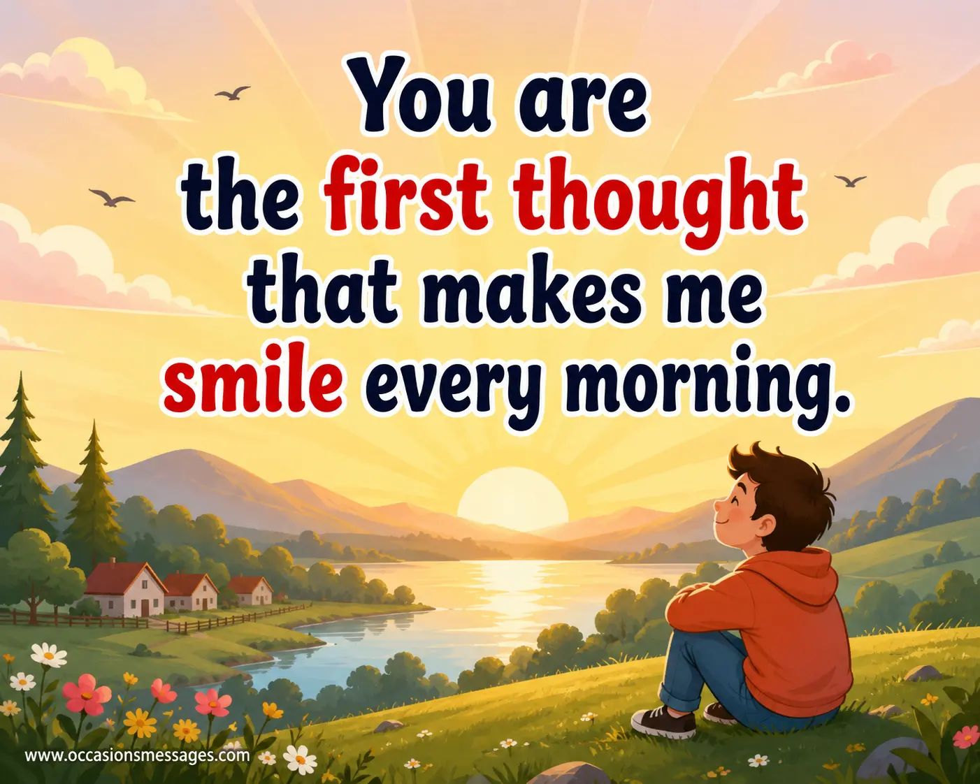 A sunrise over a tranquil landscape with a smiling figure, representing joy and morning thoughts, highlighting the quote about being someone's first happy thought.