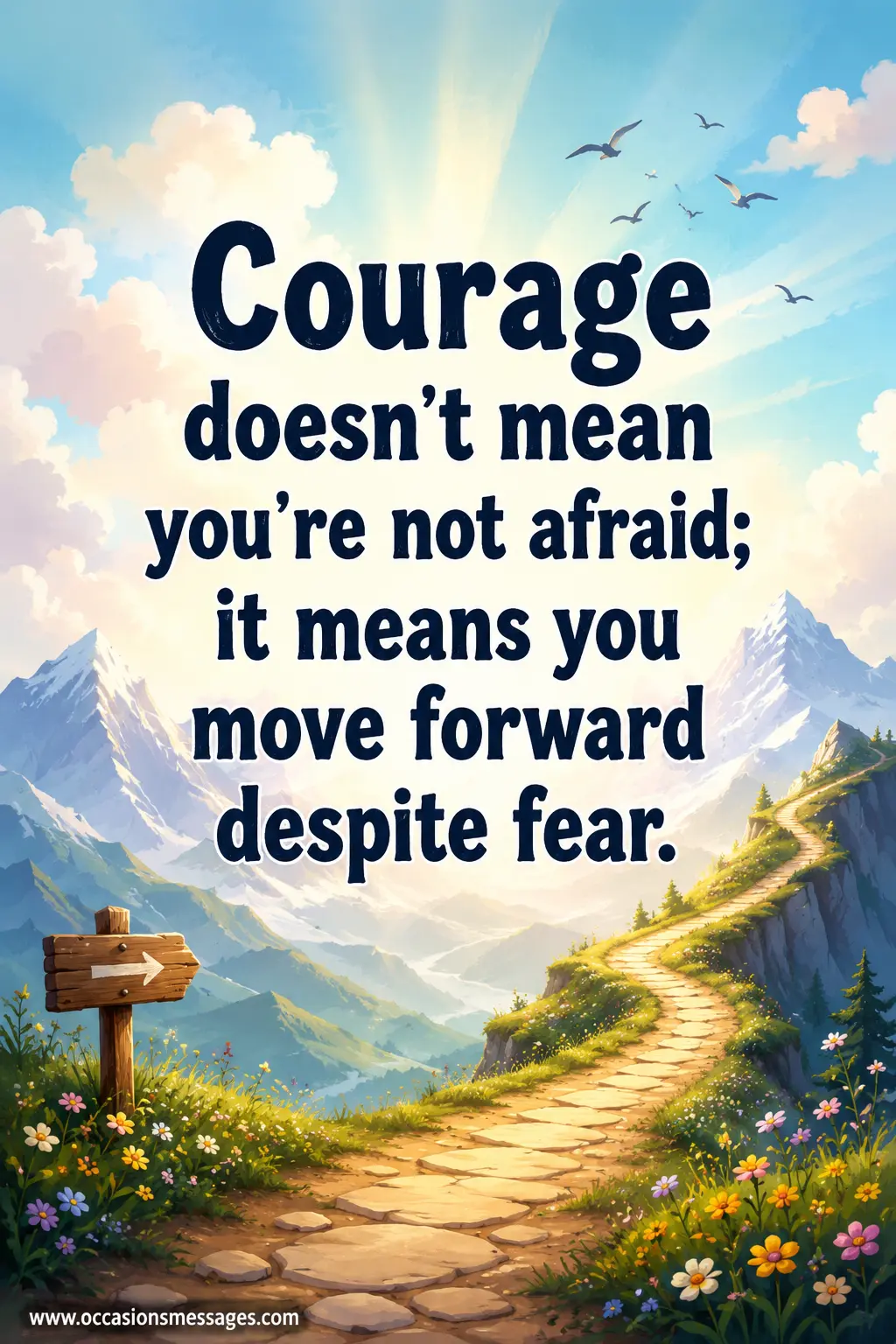 Whimsical illustrated pathway leading toward bright skies with an inspirational quote about courage, resilience, and moving forward despite fear.
