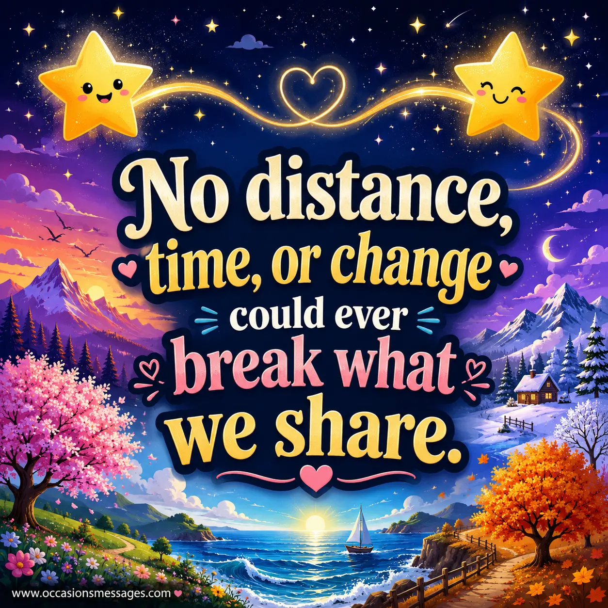 Whimsical friendship artwork showing a glowing connection across distance, seasons, and time, highlighting an unbreakable relationship between close friends.