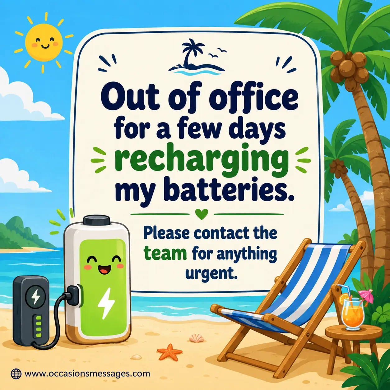 Cartoon office break illustration with a recharging battery concept and an out-of-office message encouraging urgent requests to be directed to the team.