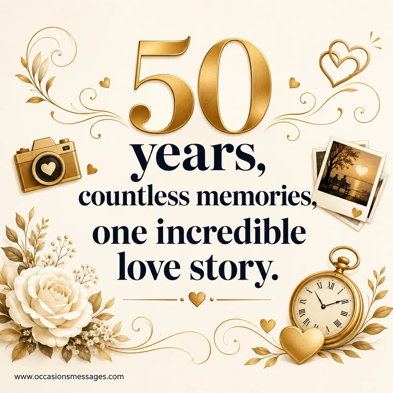 Elegant golden anniversary vector design with memory icons and decorative elements celebrating a remarkable fifty-year love story.