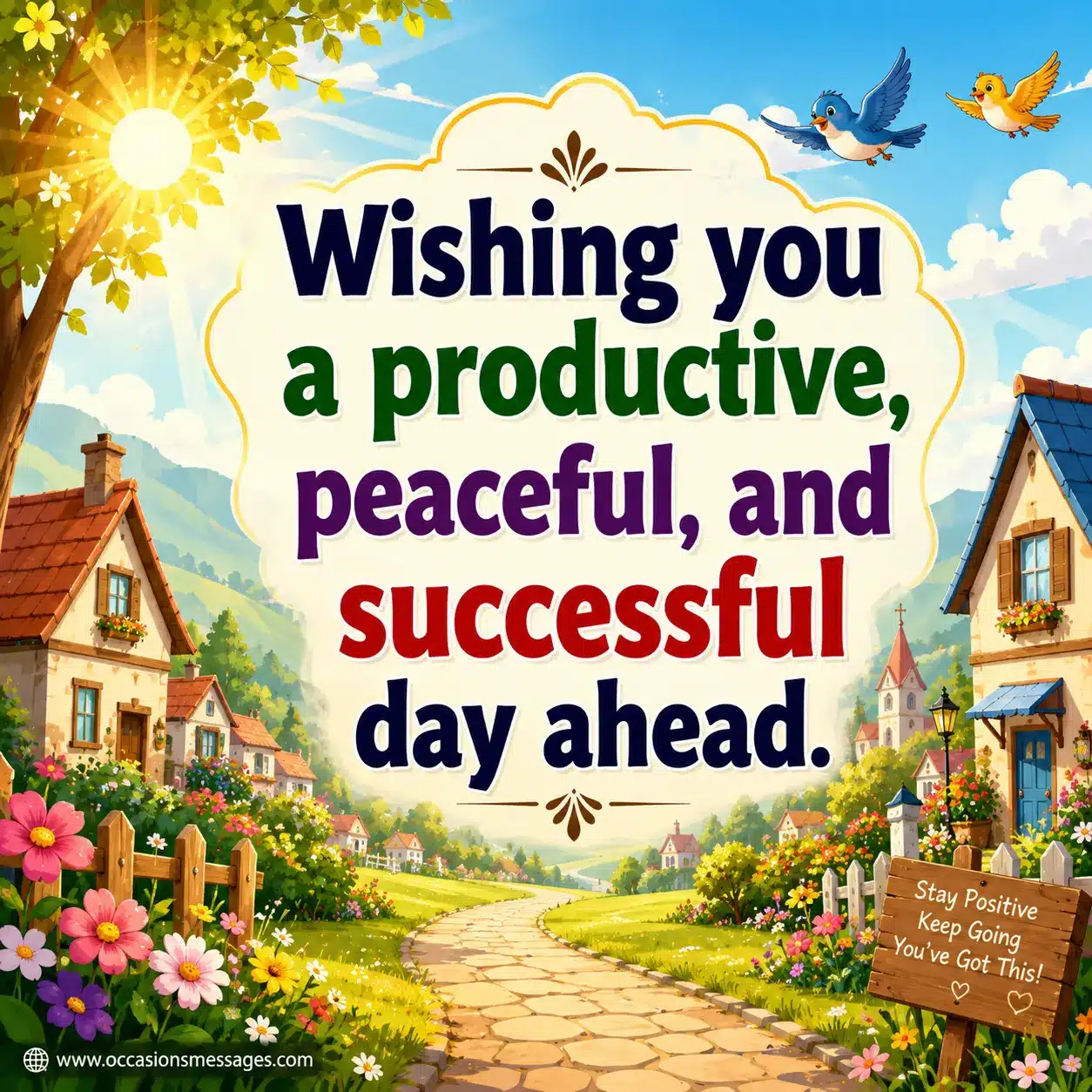Cheerful cartoon morning landscape highlighting wishes for a productive, peaceful, and successful day filled with positivity.
