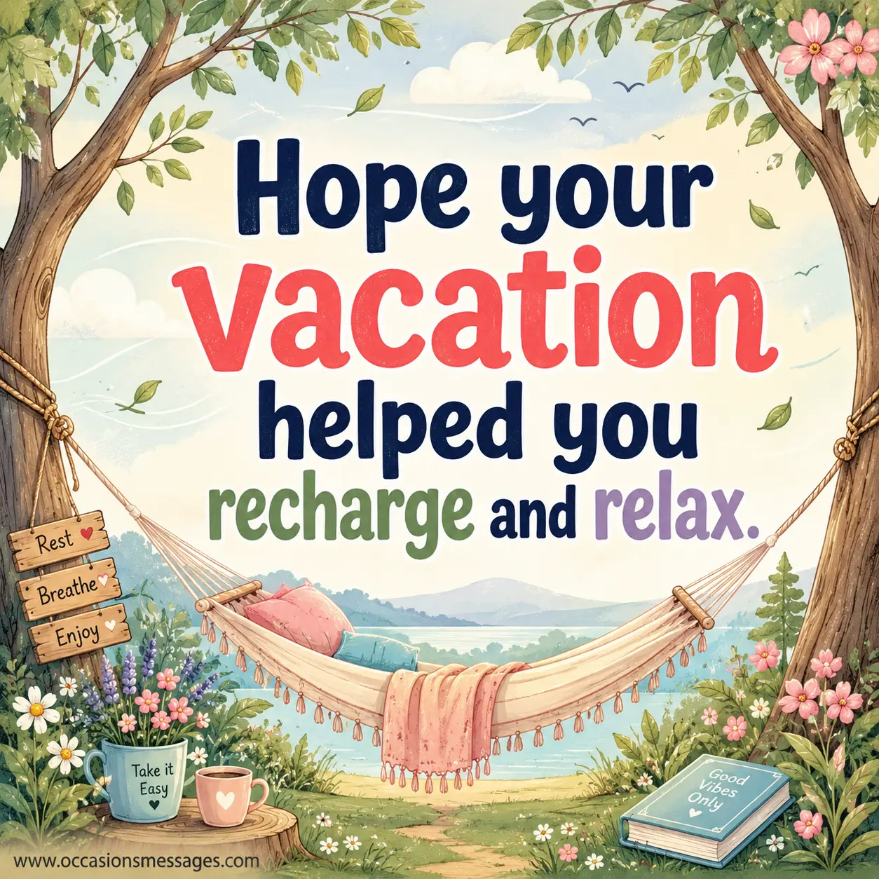 Peaceful hand-drawn hammock and nature scene paired with an inspiring quote about recharging, relaxing, and returning refreshed from a holiday.