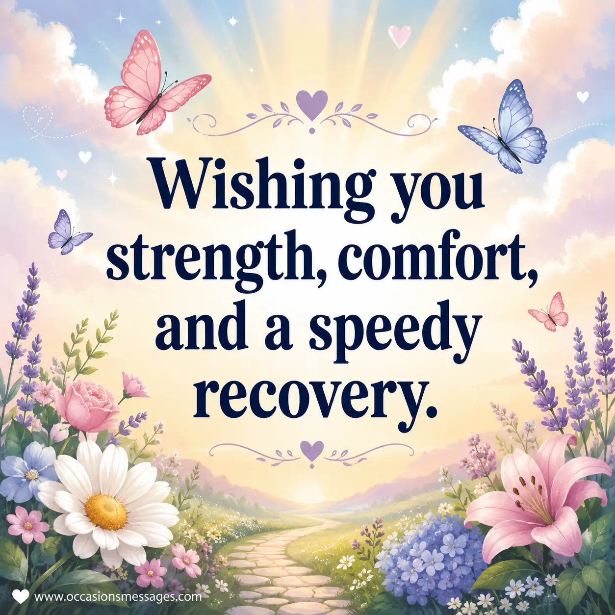 Gentle recovery wishes quote image featuring calming flowers, soft light, and uplifting healing elements expressing comfort, strength, and hope.